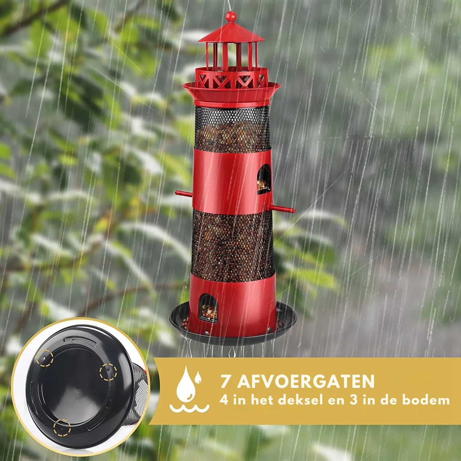 regenbestendige vogelvoederbak vuurtoren zeven waterafvoersysteem